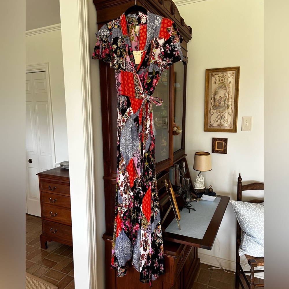 Anthropologie RAGA Floral Patchwork Wrap Dress Tie Waist Flutter NWT Boho SzS